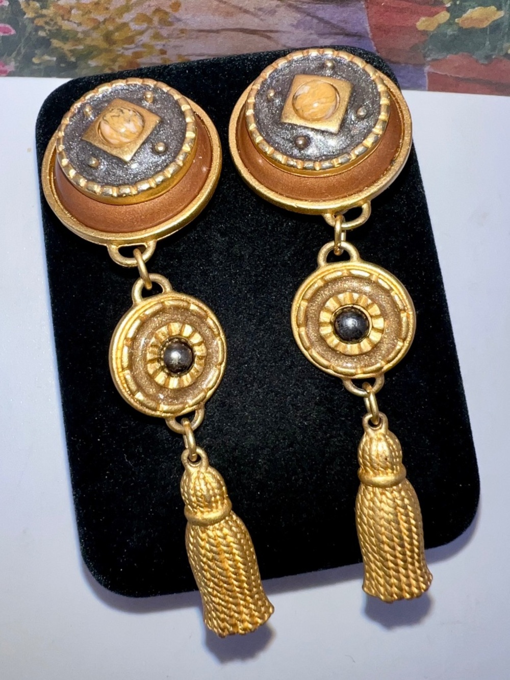 Carmel & Gunmetal Etruscan Style CLIP Earrings